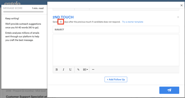 The 2nd Touch section of the email composer with the number of days field highlighted