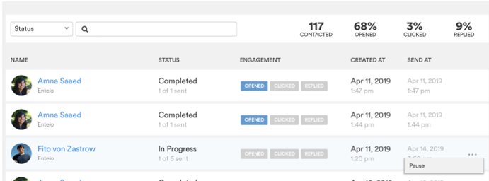 The outreach list with contacted, opened, clicked and replied totals and a Pause option on one row