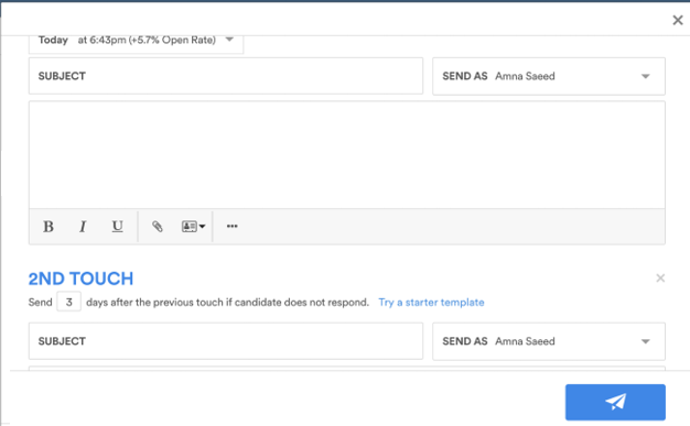 The email composer showing a Send As field and a 2nd Touch follow-up set to send 3 days after the first email