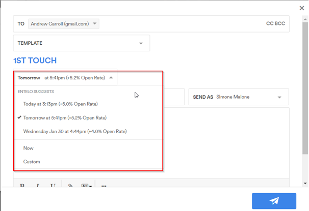 The 1st Touch send time menu open, showing Entelo suggested times plus Now and Custom options