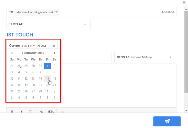The Custom send time option showing a February 2019 calendar for picking a date