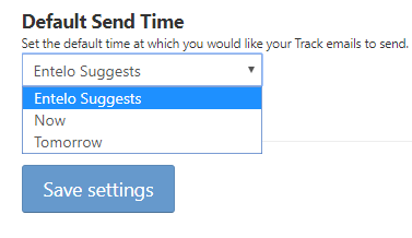 The Default Send Time setting with Entelo Suggests, Now and Tomorrow options and a Save settings button