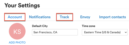 The Your Settings page with the Account and Track tabs highlighted