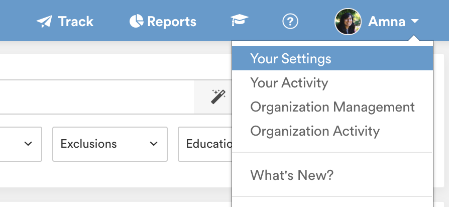 The user menu open in the header with Your Settings highlighted