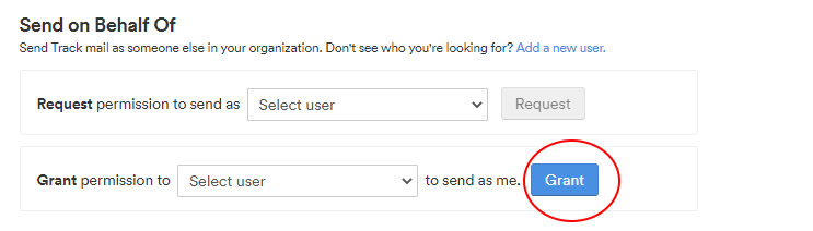 The Send on Behalf Of section with Request and Grant permission rows and the Grant button circled