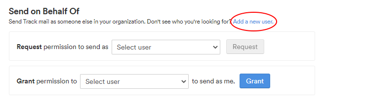 The Send on Behalf Of section with the Add a new user link circled