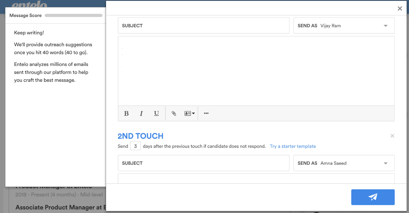 The email composer with Send As fields on the first and 2nd Touch emails and a Message Score panel