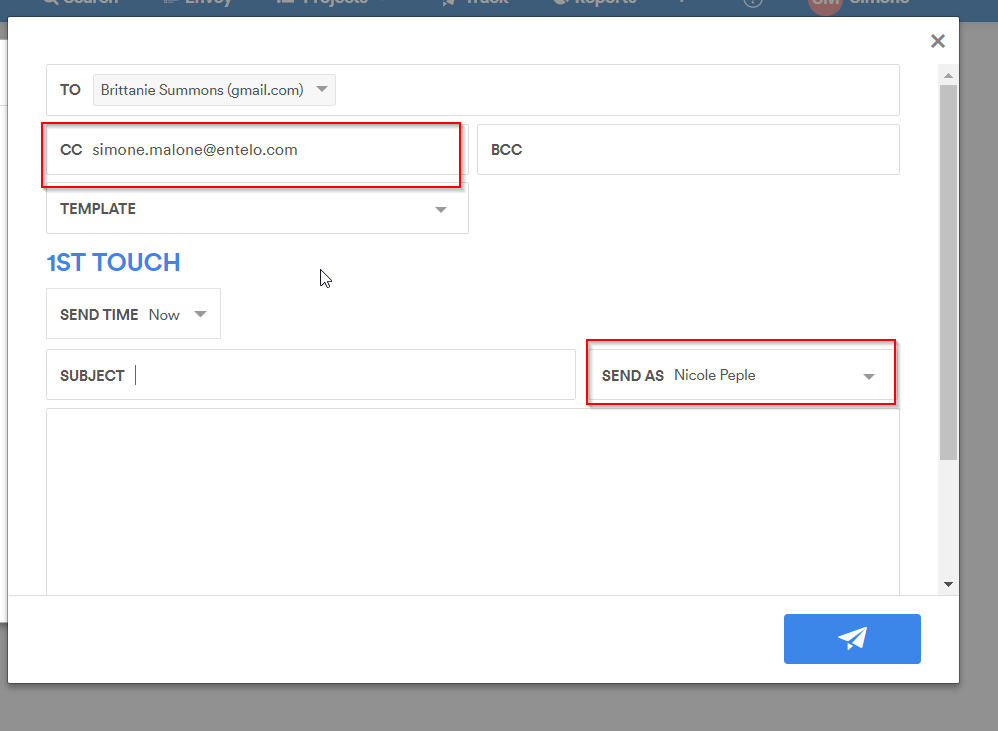 The email composer with the CC field and the Send As field highlighted