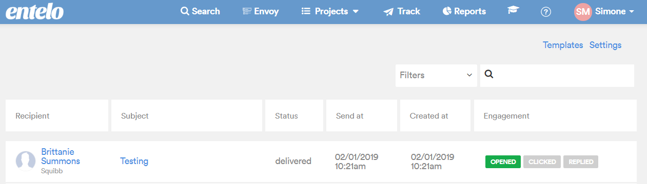 The Track outbox listing a delivered email with Opened, Clicked and Replied engagement tags