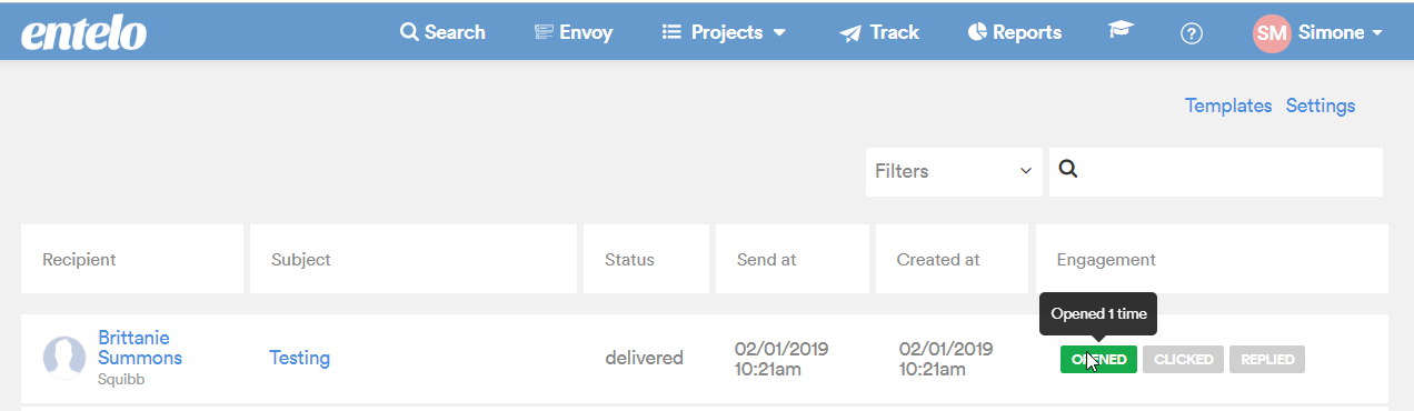 The Track outbox with a tooltip reading Opened 1 time over the Opened tag