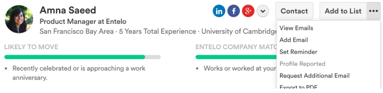 A candidate profile with the three-dot menu open, listing View Emails, Add Email and Set Reminder