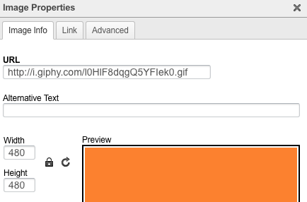 The Image Properties dialog with a GIF web address in the URL field and an empty Alternative Text field