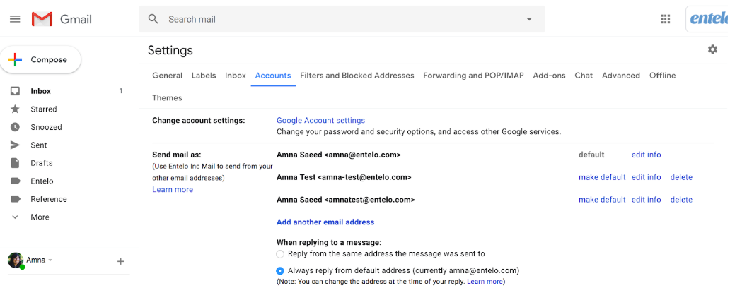 Gmail Settings on the Accounts tab, showing the Send mail as list and the reply options