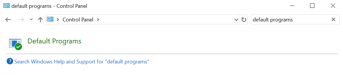 The Windows Control Panel with default programs entered in the search box and the Default Programs result