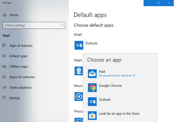 The Windows Settings Default apps page with the Choose an app list showing Mail, Google Chrome and Outlook