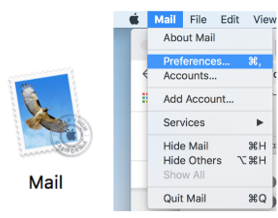 The Mail app icon beside the Mail menu with Preferences highlighted