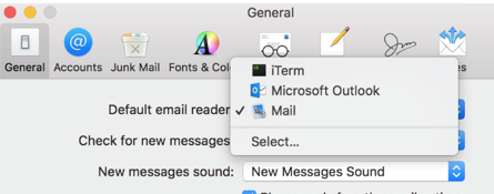 The Mail Preferences General tab with the Default email reader list showing iTerm, Microsoft Outlook and Mail
