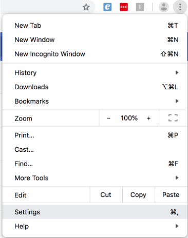 The Chrome browser menu open with Settings highlighted near the bottom