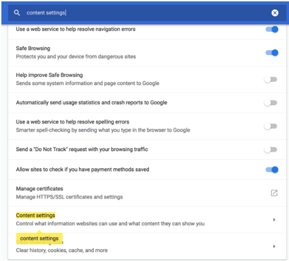 The Chrome settings page with content settings typed in the search box and Content settings highlighted in the results