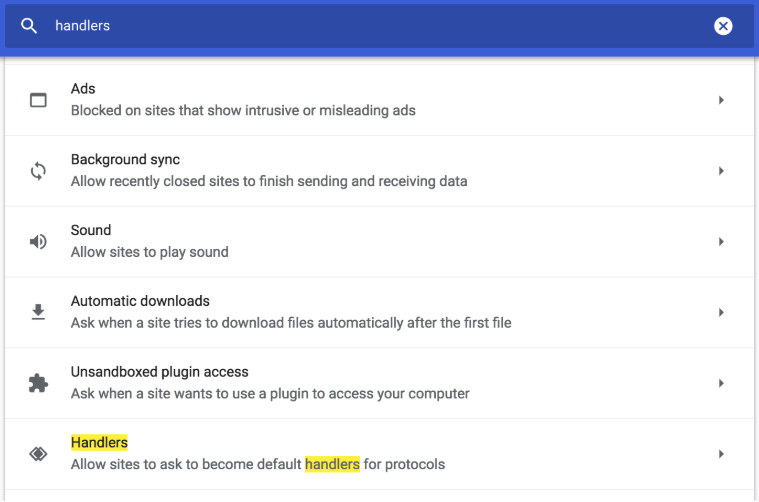 Chrome settings with handlers typed in the search box and the Handlers option highlighted at the bottom of the list