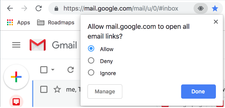 A Gmail inbox in Chrome with a prompt asking to open all email links, with Allow selected