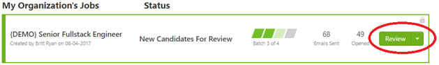 My Organization's Jobs list with a job row showing a Review button circled in red