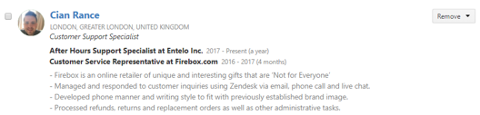 A candidate entry in the review queue with a Remove drop-down and a short work history