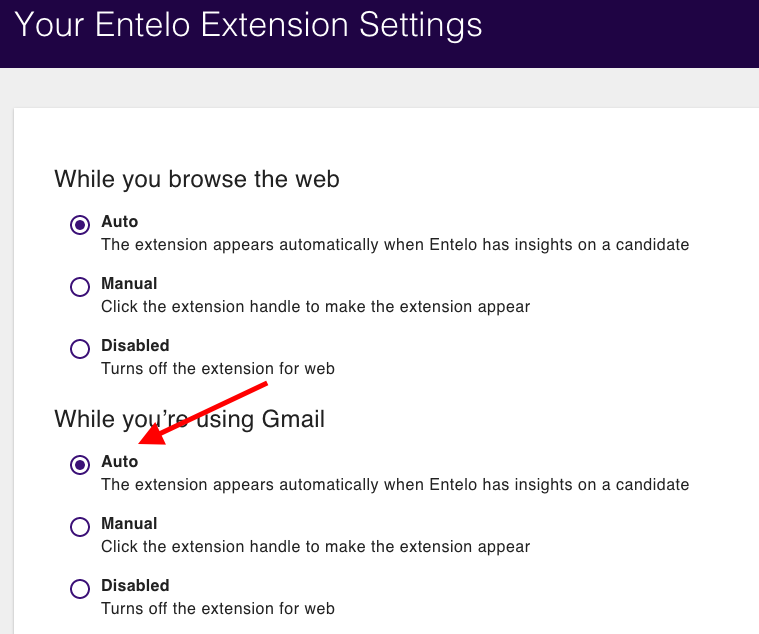 The extension settings page with Auto, Manual and Disabled options, and an arrow pointing to the Gmail setting