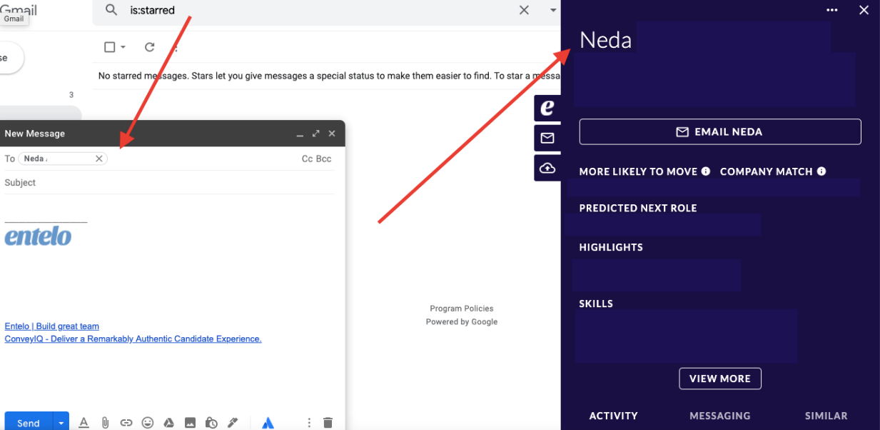 A Gmail New Message window beside the extension panel for a candidate, with arrows linking the To field to the profile