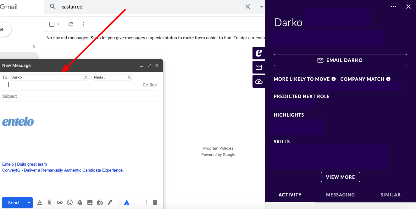 A Gmail New Message window with two recipients in the To field and an arrow pointing to the first, beside the extension panel