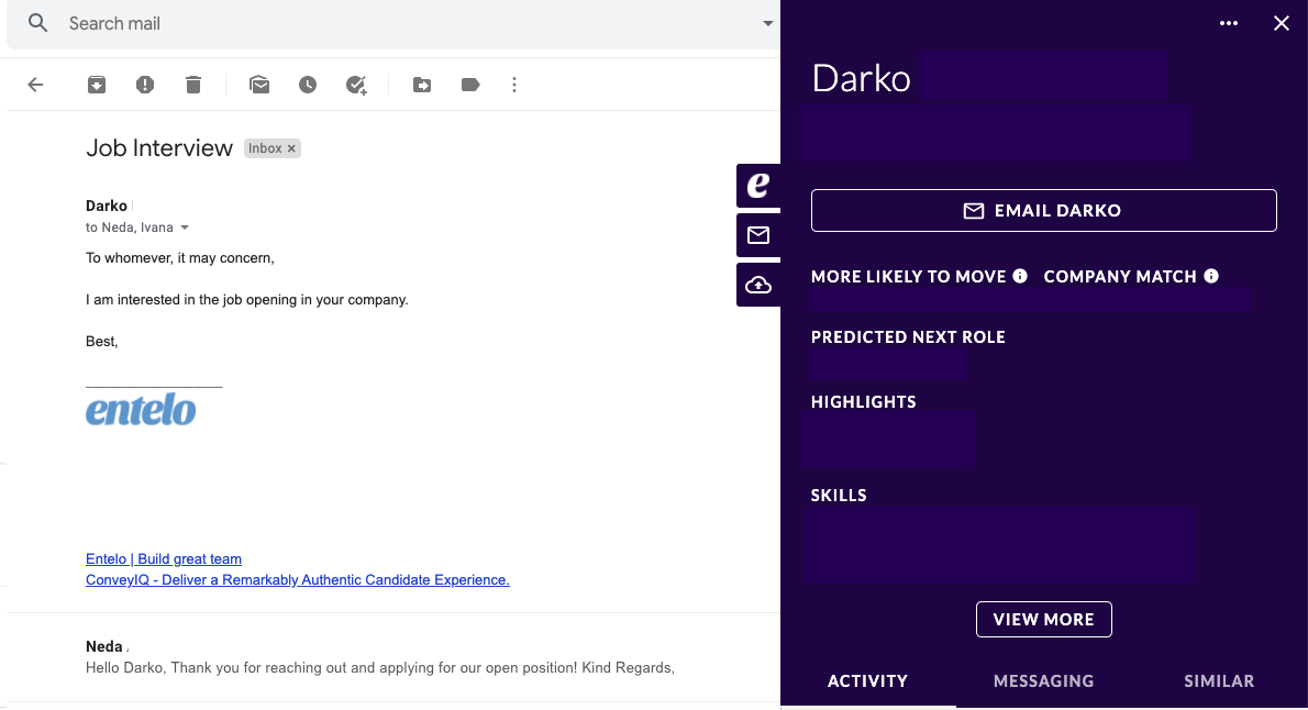 A Gmail message open beside the extension panel showing the sender's candidate profile