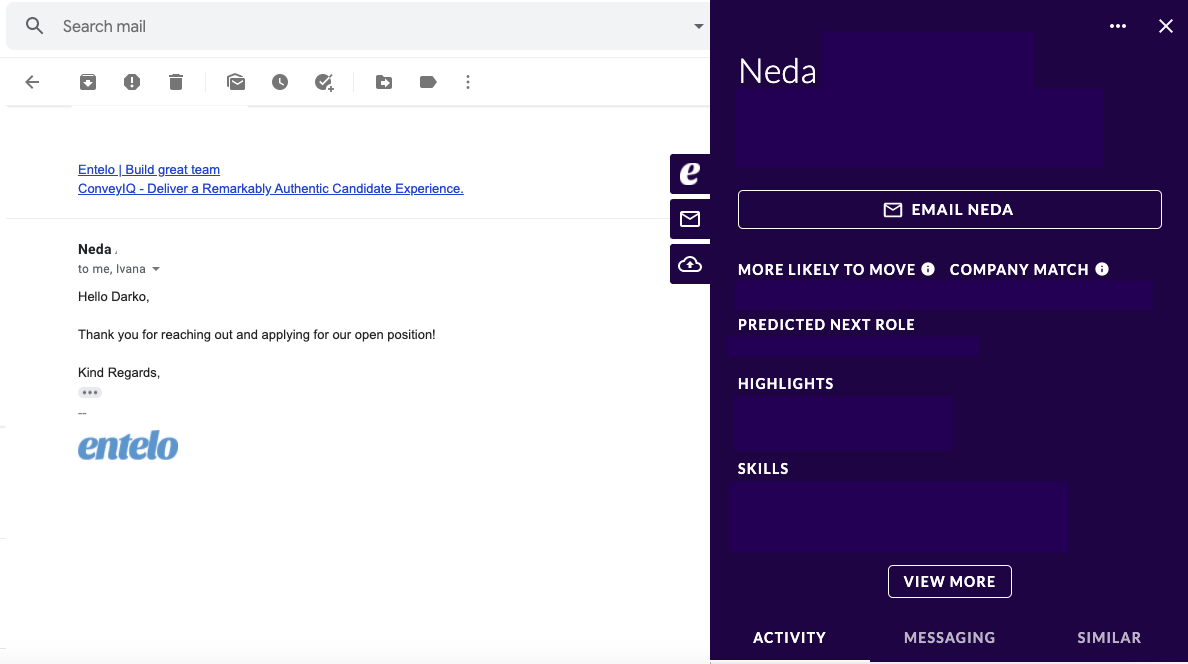 A Gmail reply from a candidate open beside the extension panel showing that candidate's profile