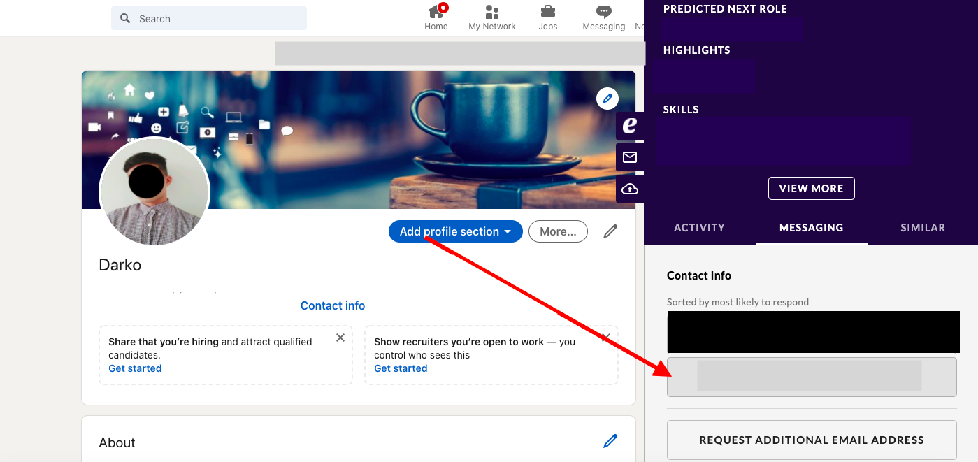 A LinkedIn profile beside the extension's Messaging tab, with an arrow pointing to a contact info entry