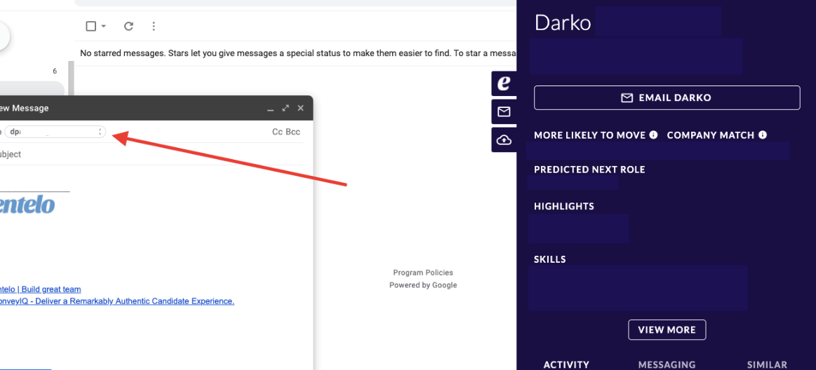 A Gmail New Message window with a recipient in the To field marked by an arrow, beside the extension panel