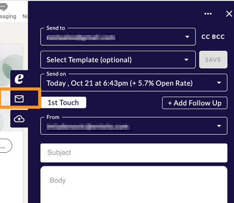 The extension's email panel with the envelope icon highlighted, and Send to, Template, Send on, Subject and Body fields