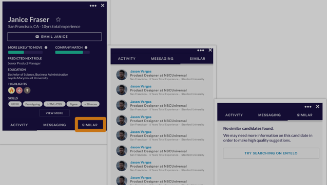 A candidate profile panel with the Similar tab highlighted, next to a list of similar candidates and a no-results message