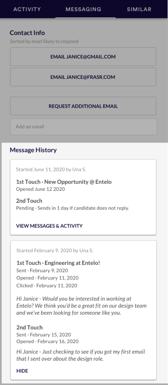 The Messaging tab with the Message History section highlighted, listing sent and pending emails to a candidate