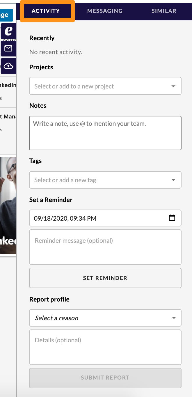 The extension panel on the Activity tab, highlighted, with project, notes, tags, reminder and report profile fields