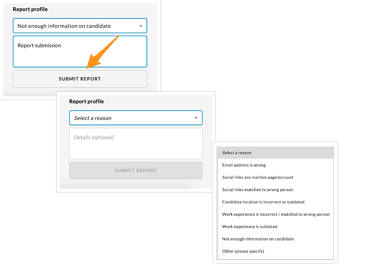 The Report profile section with a reason list open and an arrow pointing to the Submit Report button