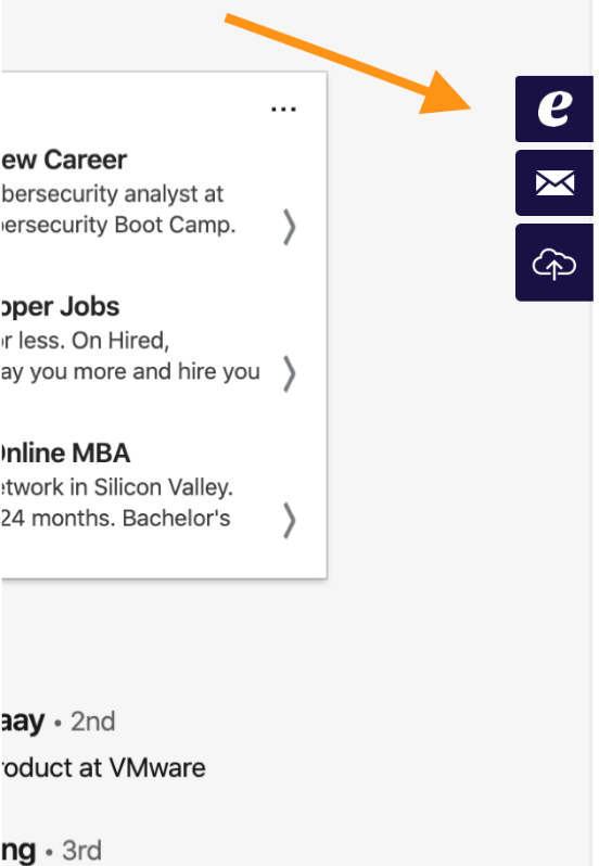 A LinkedIn page with an arrow pointing to the extension handle, with email and upload buttons below it