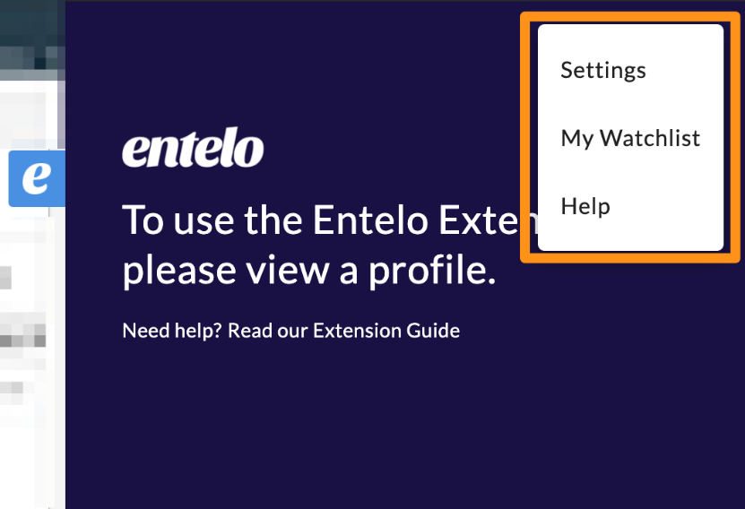The extension panel with its menu open, showing Settings, My Watchlist and Help, outlined in orange