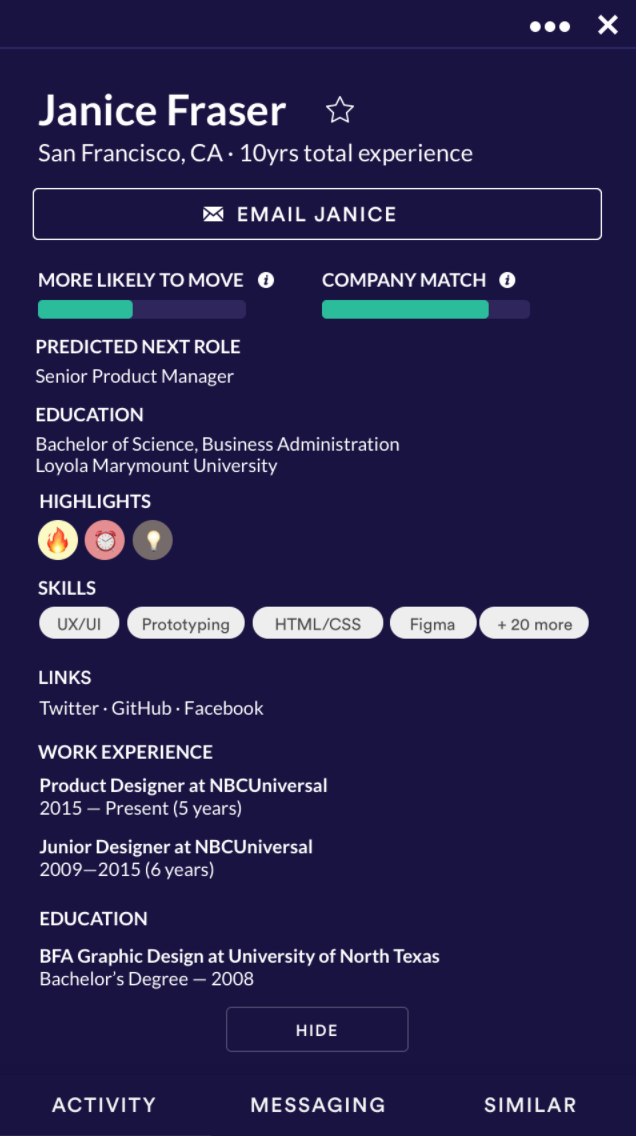 A candidate profile in the extension panel showing match scores, skills and work experience, with three tabs below