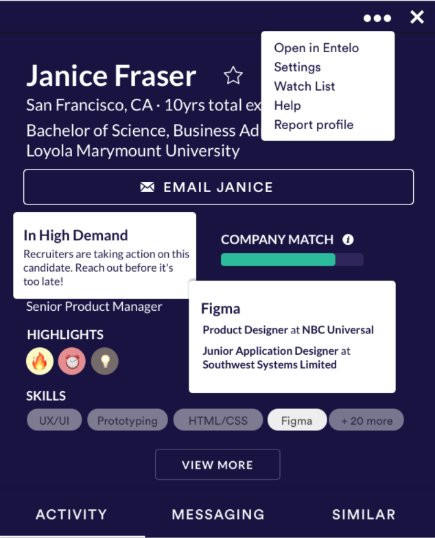 A candidate profile in the extension panel with its menu open and tooltips for In High Demand and a Figma skill