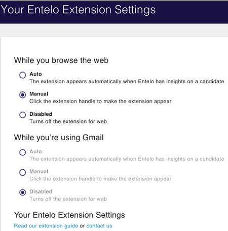 The extension settings page with Manual selected for browsing the web and Disabled selected for Gmail