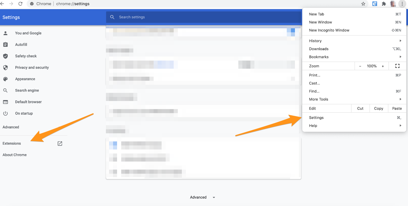 The Chrome Settings page with the browser menu open and arrows pointing to Settings and Extensions