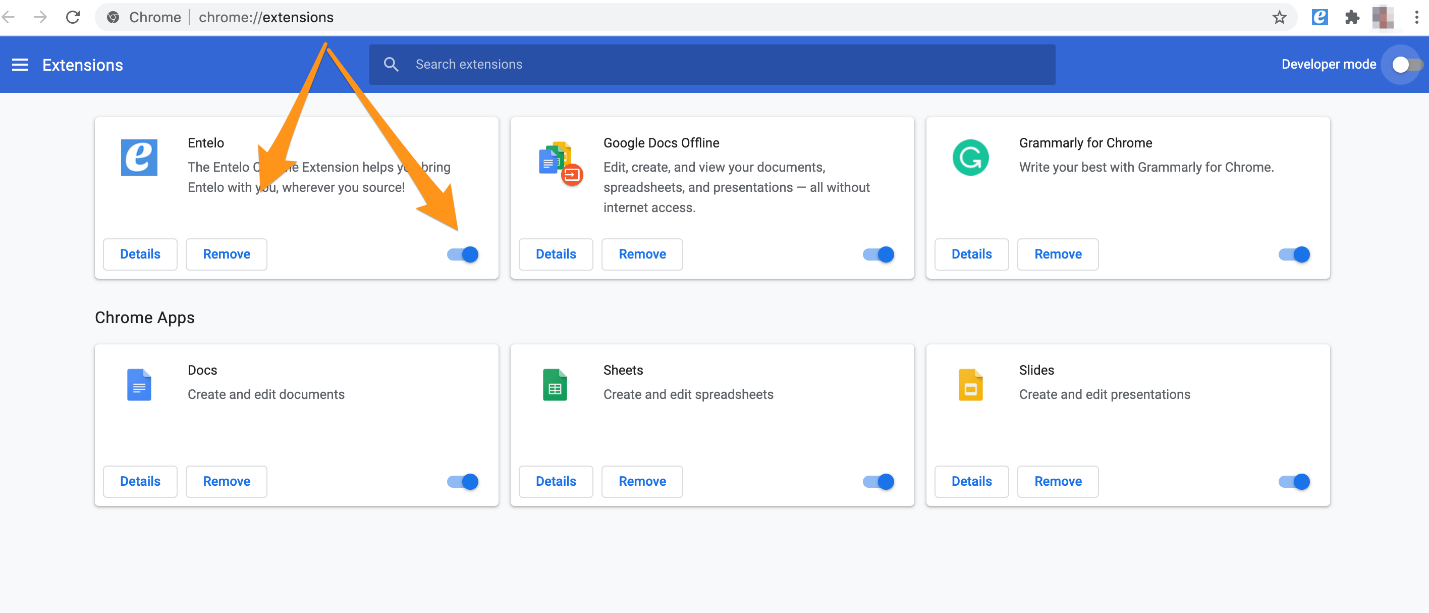 The Chrome Extensions page with arrows pointing to the Entelo extension and its on/off toggle