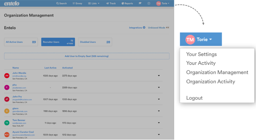 The Organization Management page, with the account menu open and its Organization Management option shown