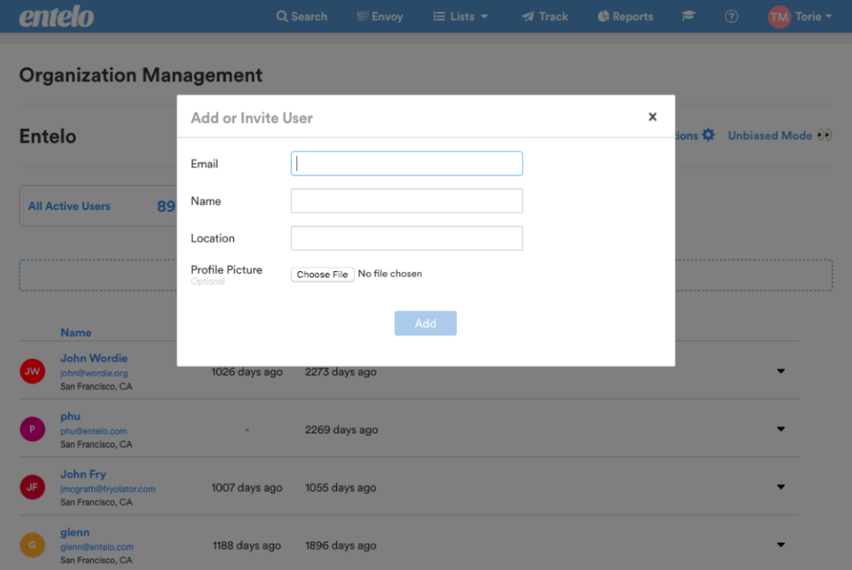 The Add or Invite User dialog with Email, Name, Location and Profile Picture fields