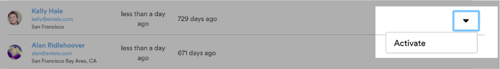 A user row with its dropdown arrow highlighted and an Activate option below