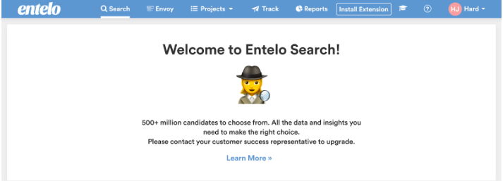 The Welcome to Entelo Search page with a note to contact a customer success representative to upgrade